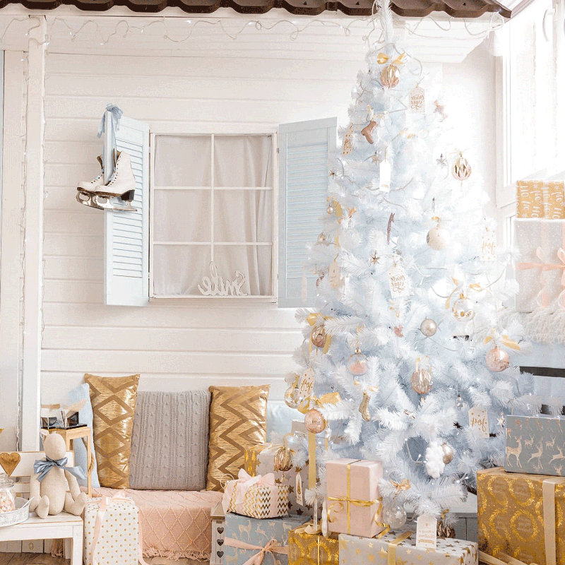 Arbre de Noël artificiel blanc illuminé avec lumières DEL blanc chaud pré-éclairées, branches en PVC, 8', Illuminée