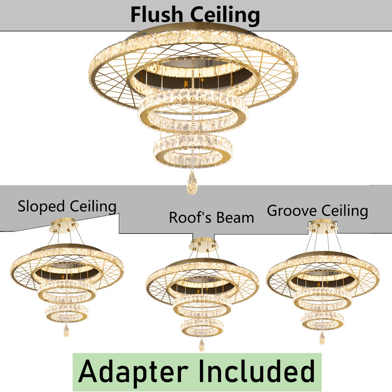 Luxurious Gold Crystal Large Flush Mount Chandelier with Remote