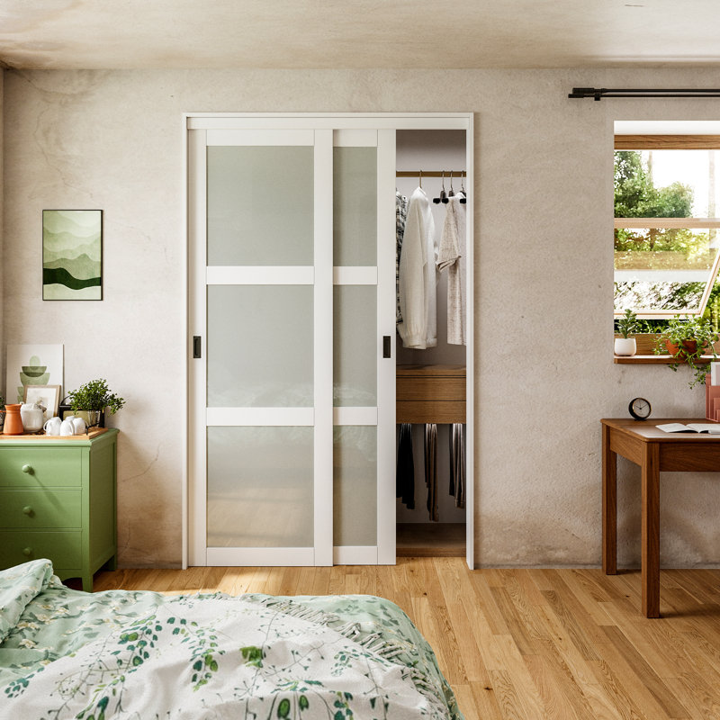 96"H Full-Assembled 3-Lite Primed Frosted Closet Sliding Doors With Hardware Kit & Handles, 60" x 96"
