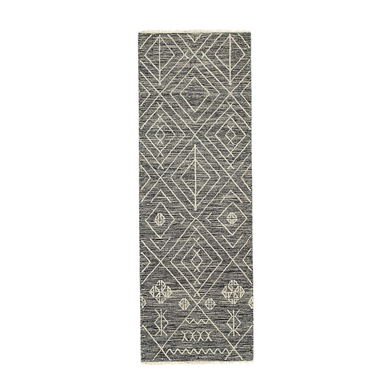 Luxurious Kilim Charcoal Handmade Wool Contemporary Geometric Area Rug, Runner 2' x 6'