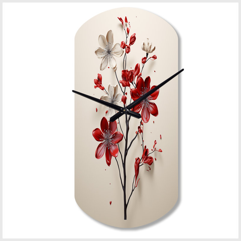 Red Beige Minimalism Essence Of Red Flower - Asymmetrical Minimalism Metal Wall Clock, Red Wall Clock Print, Small