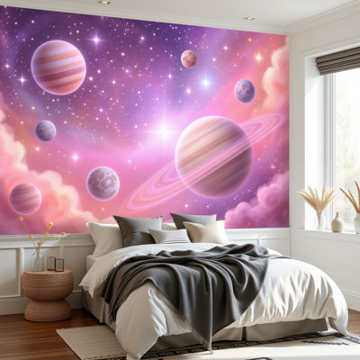 Papier peint adhésif peler et coller planètes cosmiques roses Étoile galaxie rêveuse Sky Ringed Planète géante autocollante amovible en papier contact mural pour le salon Chambre à coucher H 69 po x l 96 po