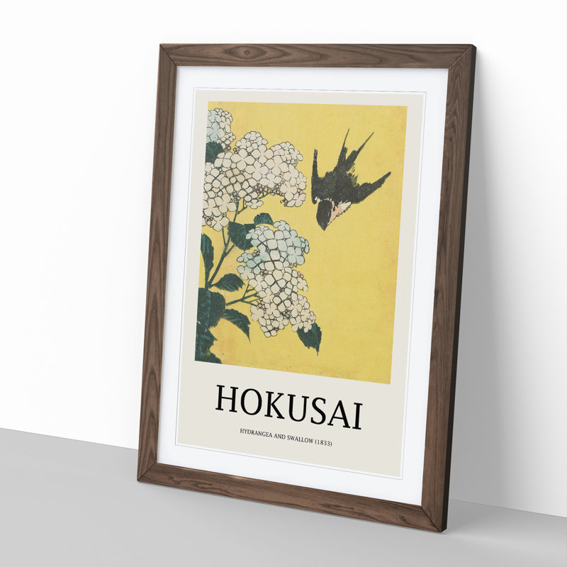Hydrangeas and Swallow by Katsushika Hokusai - Picture Frame Painting, Walnut Framed, 65cm H x 48cm W x 2cm D