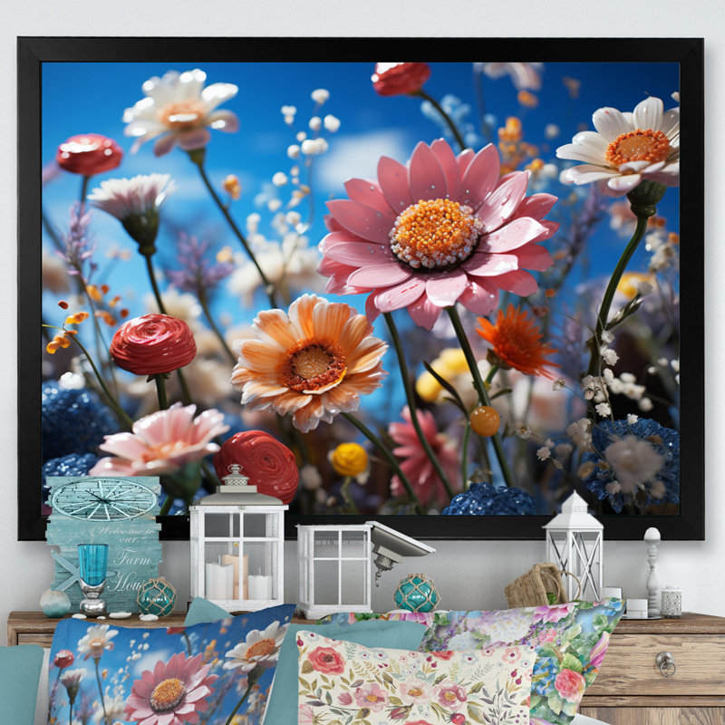 «Atzel Whimsical Wildflowers in Blue Sky», reproduction, H 34 po x l 44 po x P 1,5 po, Cadre simple noir