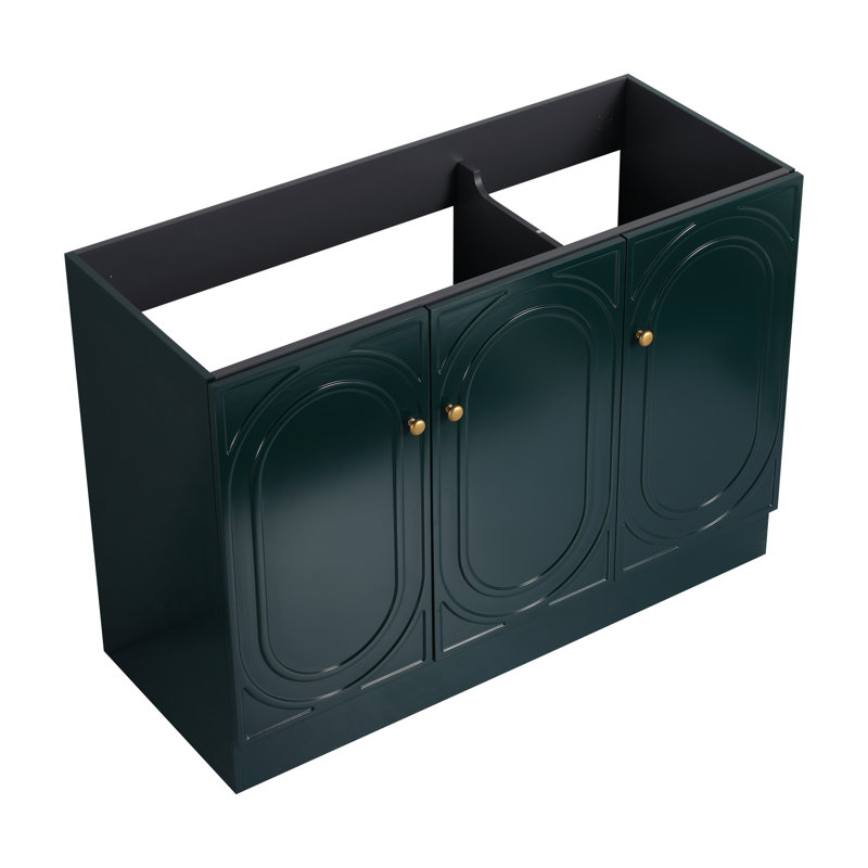 Meuble-lavabo autoportant et 3 portes d'armoire et lavabo, meuble-lavabo de salle de bain, Vert foncé, Doré