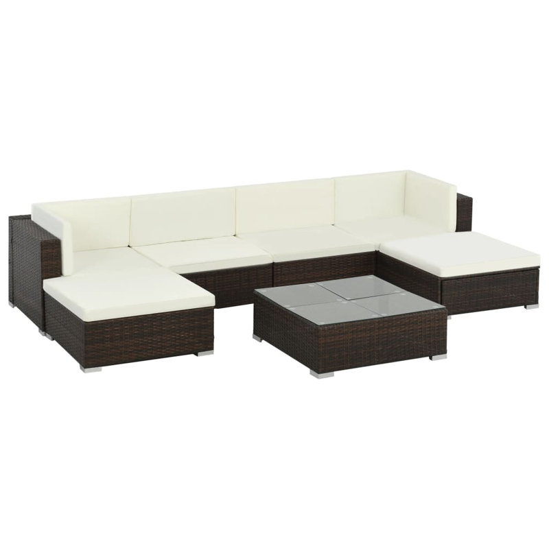 Patio Furniture Set 7 Piece Outdoor Sofa with Coffee Table Poly Rattan, Cream White, Brown