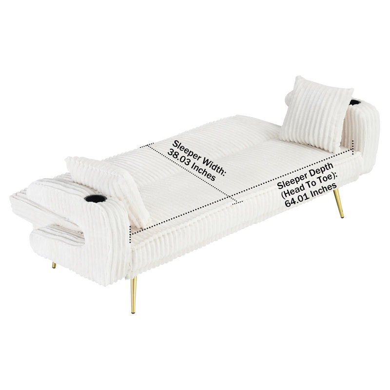 Canapé-lit convertible en velours avec 2 coussins et porte-gobelets Corduroy, White Corduroy