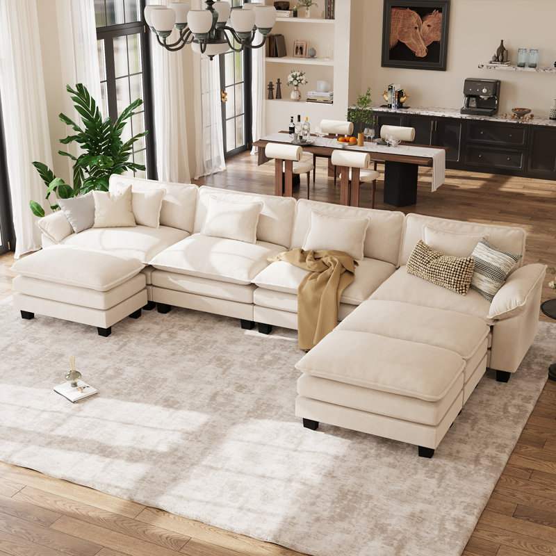 Brazell 154" W U-Shaped Modular Sectional Sofa, Cloud Couch With Three Ottomans & Removable Cushions, Beige Cotton/Chenille