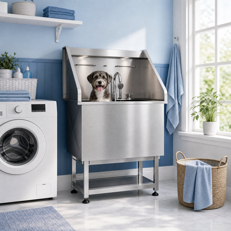 Station de lavage pour chien, station de baignade pour chien en acier inoxydable à DEL (32 po)