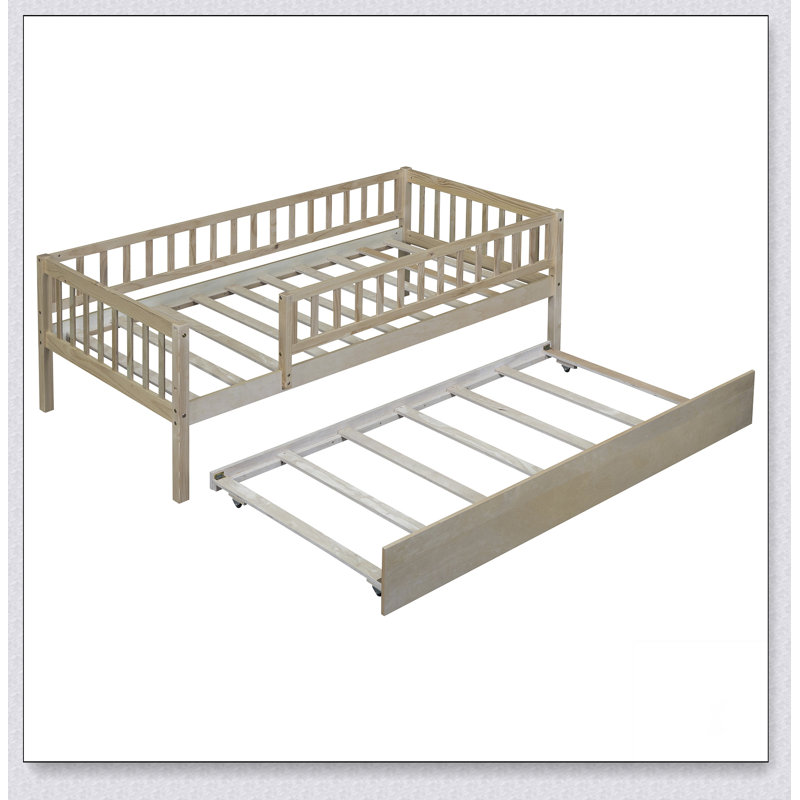 Wood Daybed With Trundle And Fence Guardrails, Natural, Twin