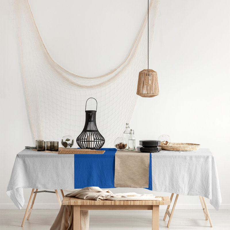 Mélange de coton rayé Nappe, Kansas, blanc / bleu / blanc