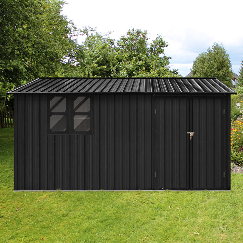12X10 Ft Black Metal Garden Sheds Outdoor, Window, Apex Roof, Two Integrated Punched Vents, Hinged Door, Extra Security Padlock Storage With Non - Deteriorating For