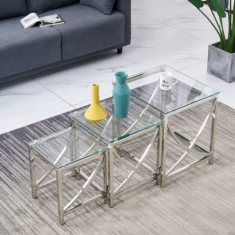 Darrie Stainless Steel Nesting Tables With Tempered Glass Top Set of 3 For Living Room (Curve), Chrome/Clear