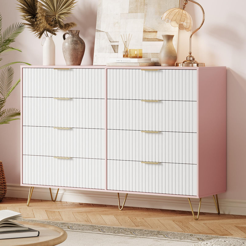 55" Wide Fluted 8 Drawer Dresser with Metal Handles, Modern Wood Storage Chest, Pink