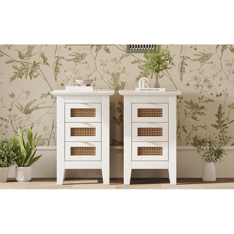 Ensemble de 2 tables de chevet en bois avec surfaces tissées en rotin et trois tiroirs
