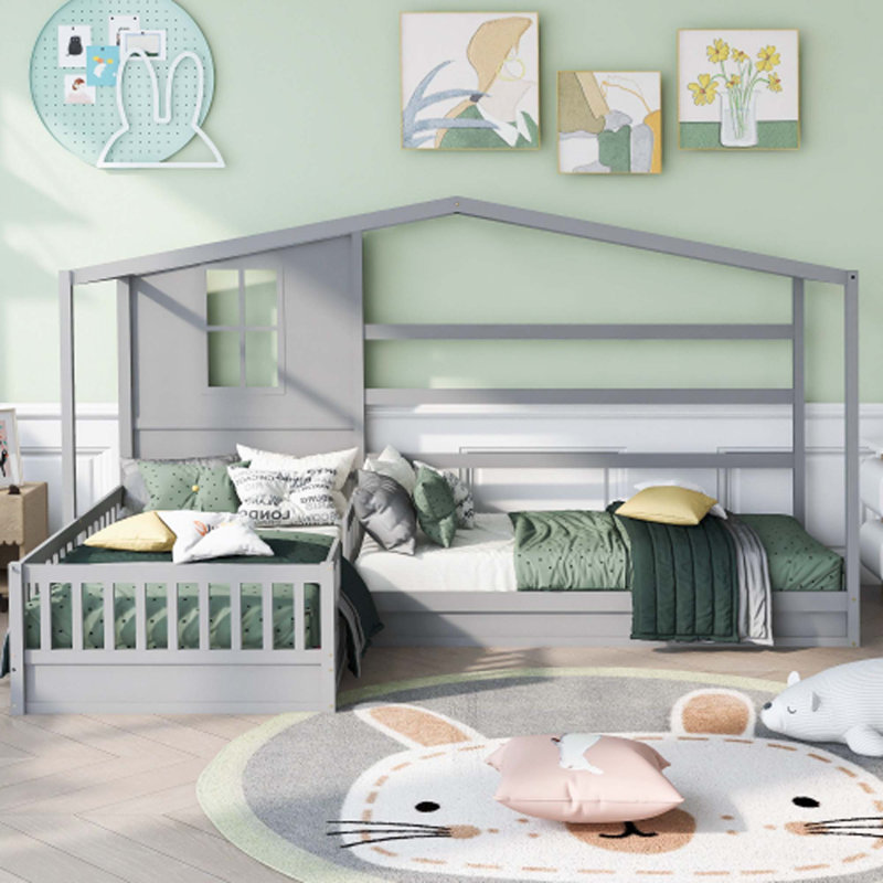 Lit en bois en forme de L, gris