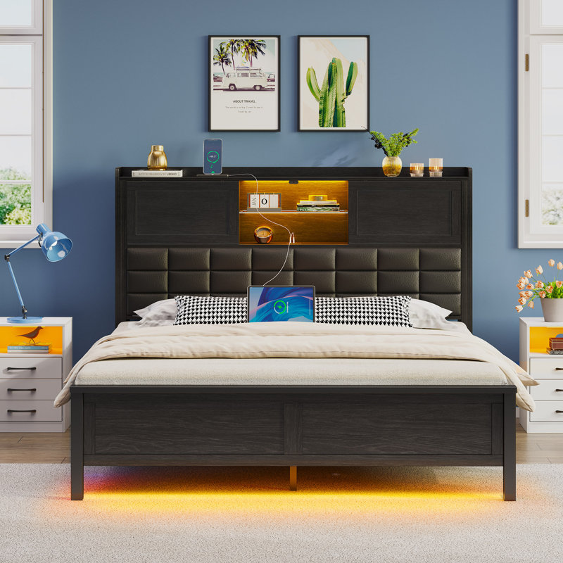 Kemauria Vegan Leather Upholstered Bed with Storage Headboard, Charging Station and LED Lights, Black, Full/Double