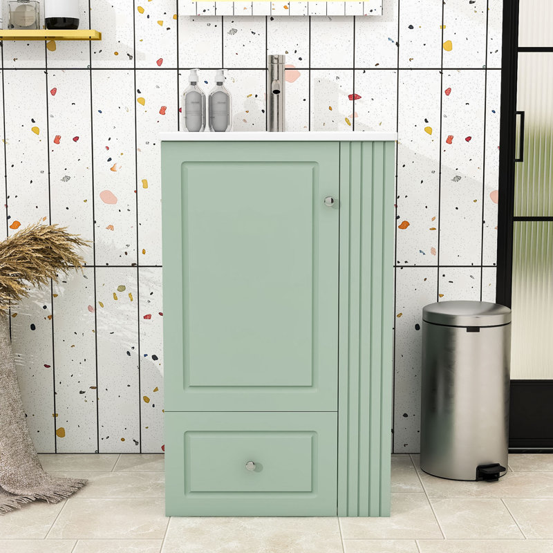 Meuble-lavabo autoportant moderne avec lavabo en céramique, tiroir à fermeture en douceur et tablettes latérales ouvertes