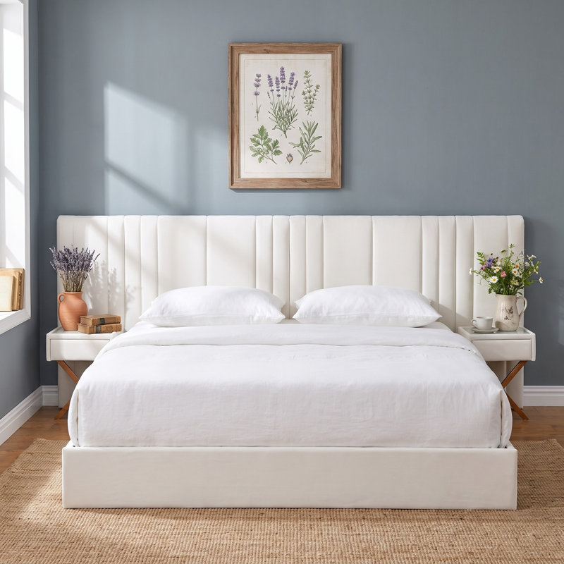 Modern Channel-Tufted Upholstered Bed with Integrated Nightstands, King, Cream Velvet, Cream, King