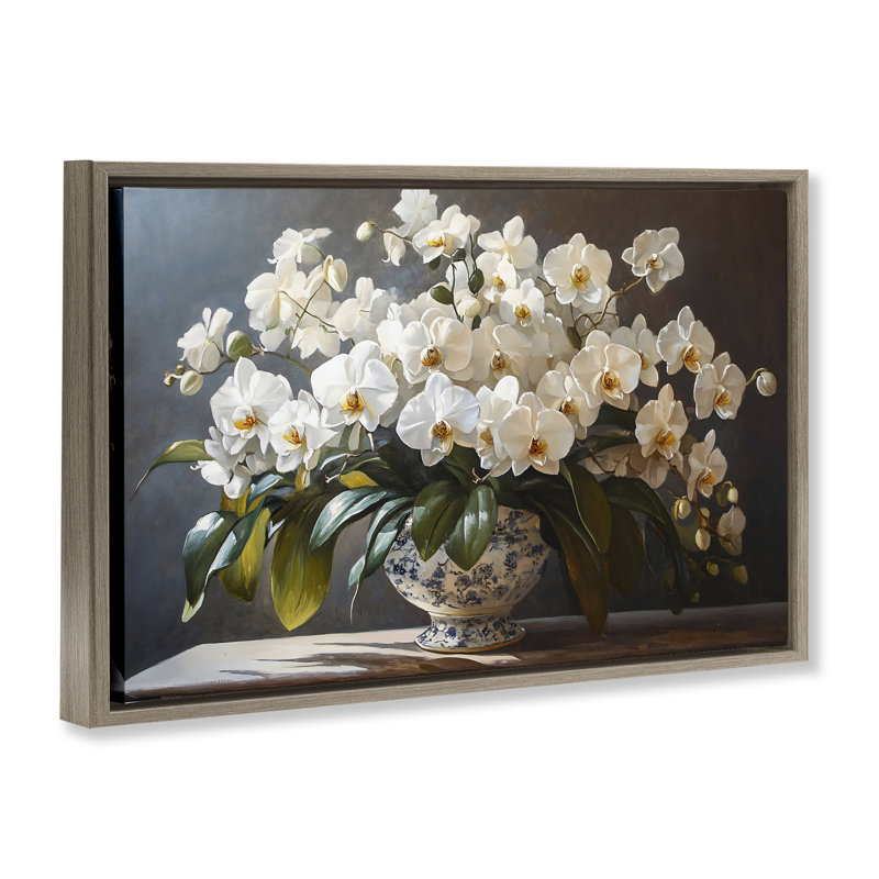 Cadre flottant élégant orchidée, par Franklyn Gregory, H 17 po x l 25 po, Cadre flottant orme Montalcino