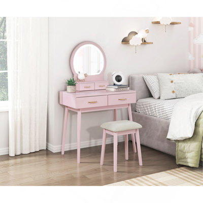 Magnifique meuble-lavabo à finition rose avec miroir et tabouret avec tiroirs de rangement