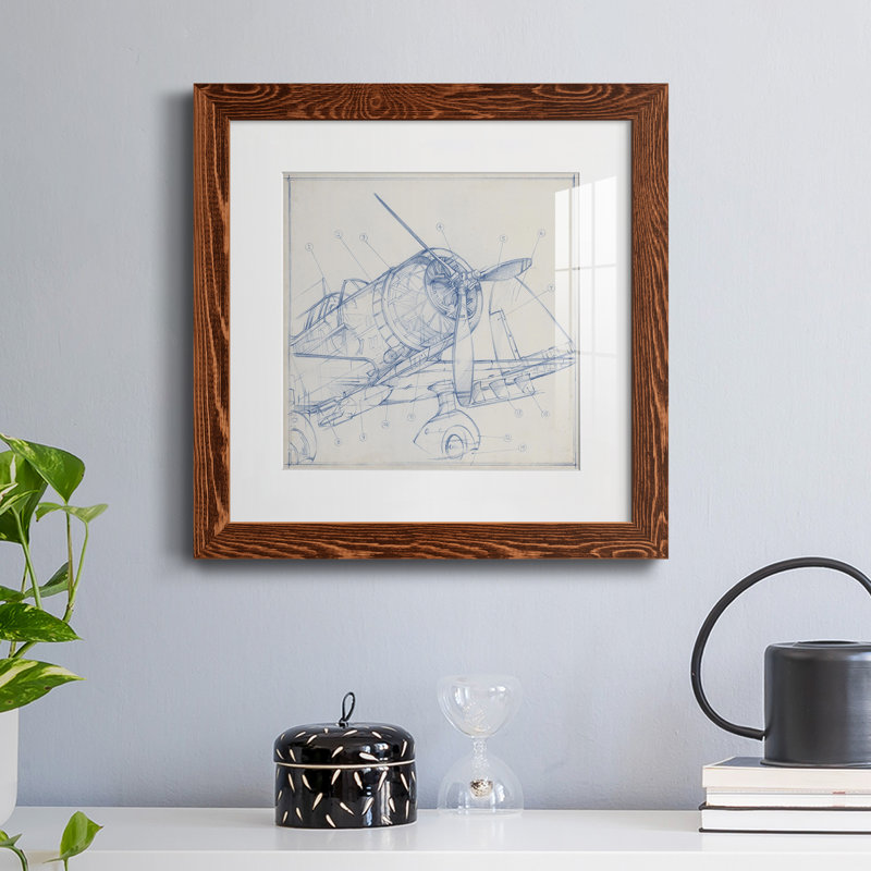 Croquis mécanique d'avion I-Premium, reproduction encadrée - prêt à être accroché, Papier avec cadre érable, Blanc