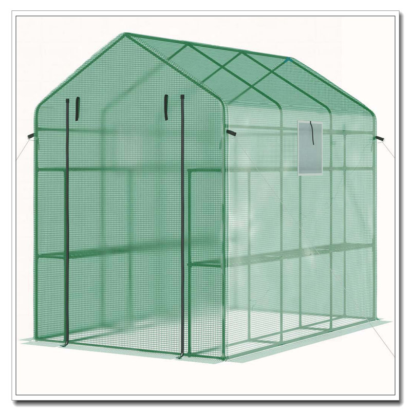 Outsunny 7' x 5' x 6' Walk-in Greenhouse with Mesh Door and Windows, 18 Shelf Hot House with Trellis, Plant Labels, UV protective for Growing Flowers, Herbs, Vegetables, Saplings, Green