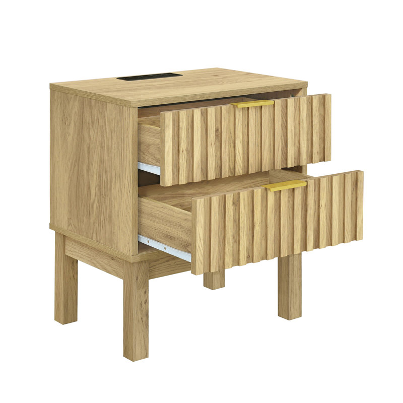 2 Drawers Nightstand With 2 Power Outlets, 1 Usb Port,modern Metal Handle (set Of 2), Set of 2, Natural