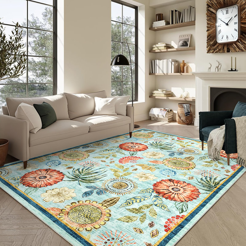 Floral Machine Washable Rug with Non Slip TPR Backing, Non Shedding Soft Low Pile Rug for Living Room Bedroom Nursery