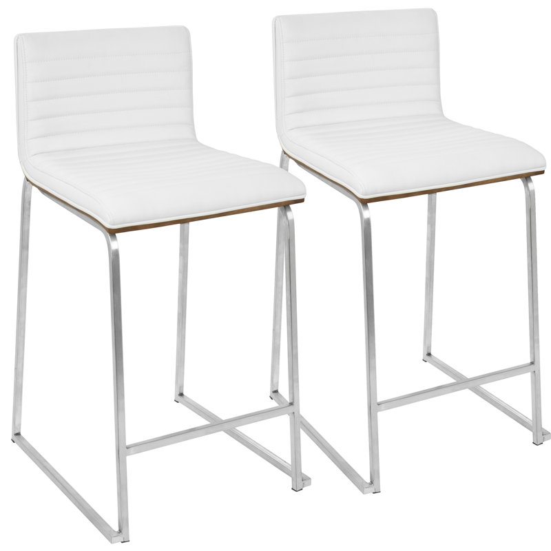 Mara 26" Contemporary Counter Stool In Brushed Stainless Steel, Walnut Wood, And White Faux Leather By Lumisource - Set Of 2