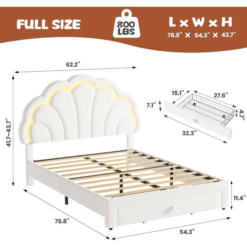 Structure de lit double tapissier à DEL avec tiroir de rangement et tête de lit chic ajustable, lit plateforme en molleton berbère pour enfants, support en bois, aucun sommier nécessaire, assemblage facile, beige