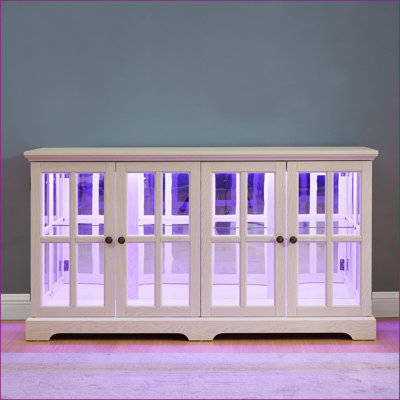 Display Cabinets, Antique Ivory 4-Door with LED Lights &amp; Adjustable Glass Shelves | MDF+Glass | Living Room