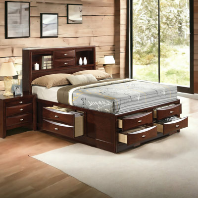 Cash Wood Platform Storage Bed with Bookcase Headboard & Drawers