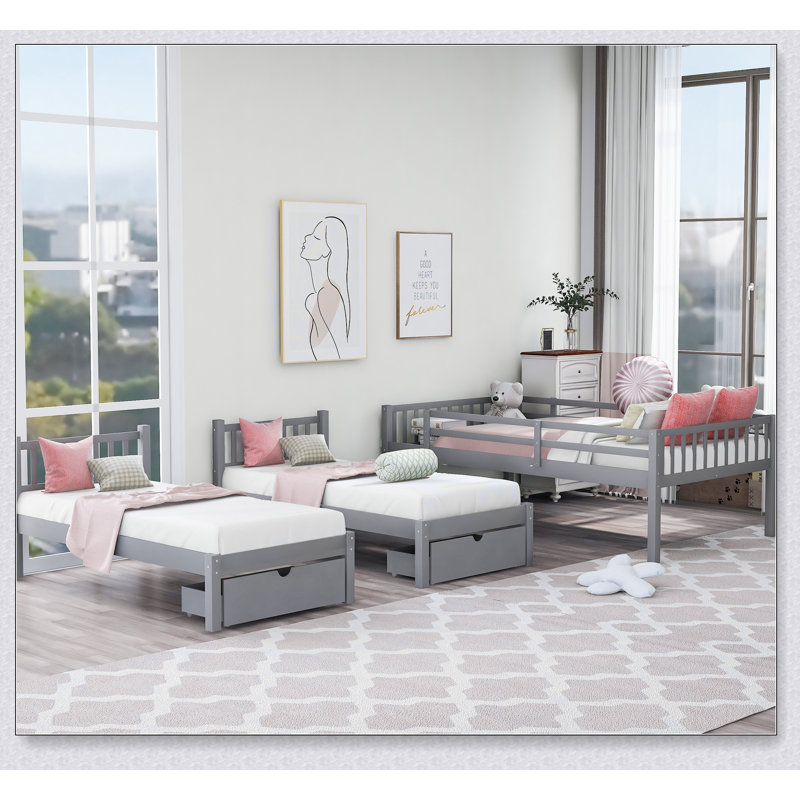 Lit superposé triple en bois avec tiroirs de rangement - Double au-dessus de simple et simple - Barrières de sécurité, sans sommier, design multifonctionnel