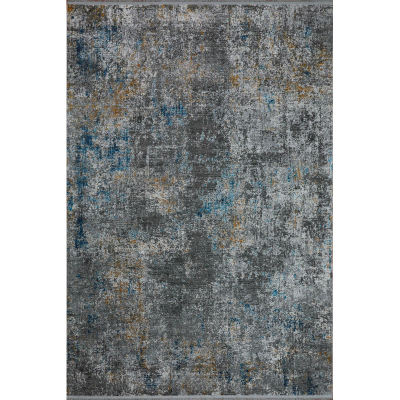 Tapis abstrait bleu et gris 7 pi x 10 pi avec franges