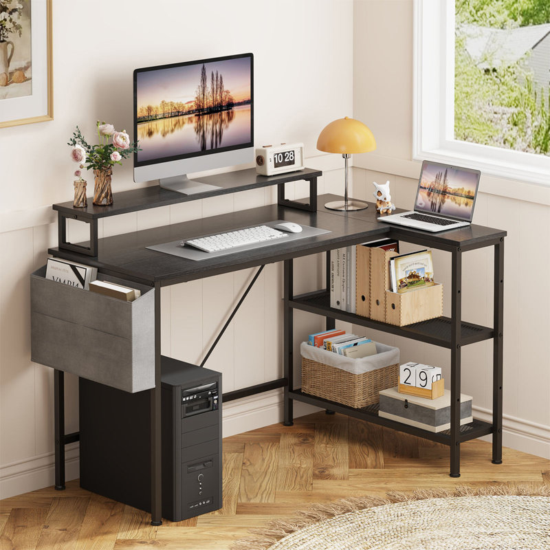 Bureau d'ordinateur en L 45,4 po avec support pour écran et support de rangement pour tablettes, Noir