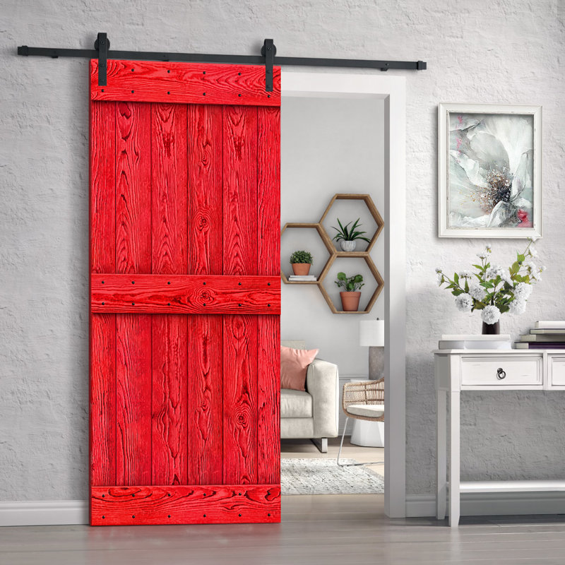 Porte de grange à panneaux en bois et en métal avec trousse de quincaillerie d'installation, Rouge, 30 po x 84 po