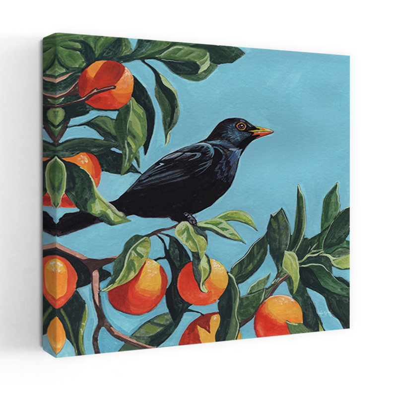 Art contemporain abstrait, arbre orange, oiseau, fruit, art contemporain, H 18 po x l 18 po