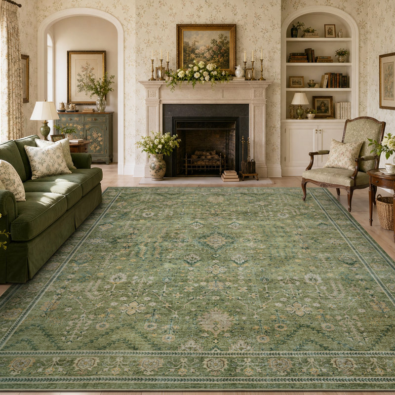 Tapis traditionnel délavé antidérapant lavable, Olive / vert sauge, Rectangle 9 pi x 12 pi
