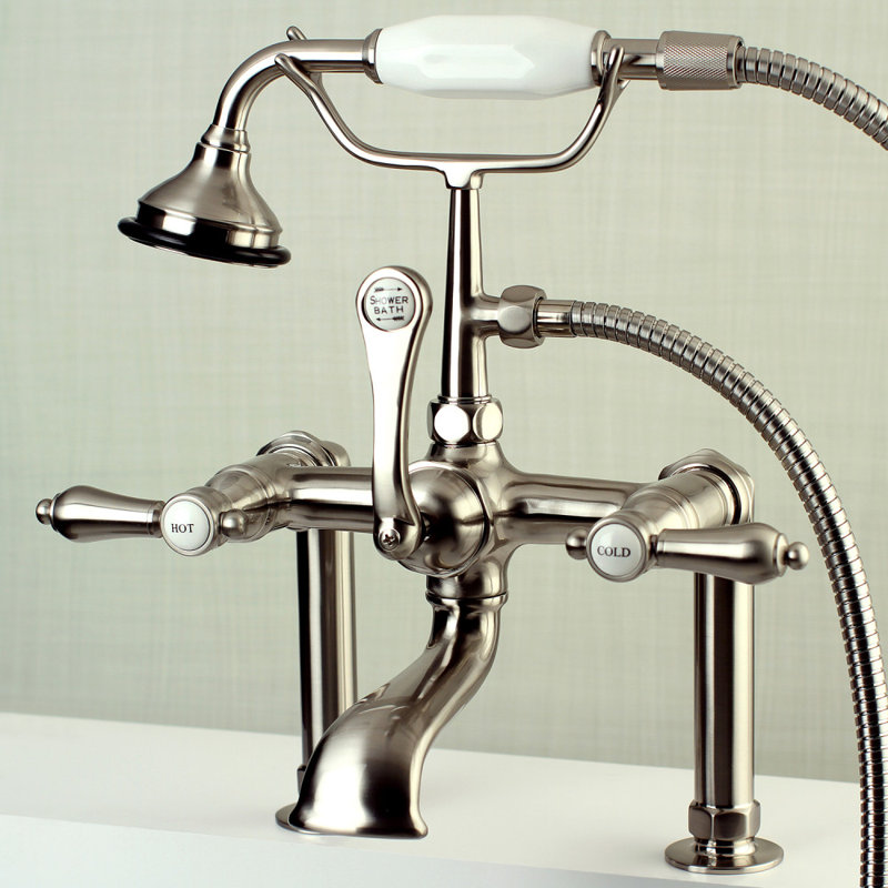 Kingston Brass Heirloom Three-Handle 2-Hole Deck Mount Clawfoot Tub Faucet with Hand Shower, Brushed Nickel