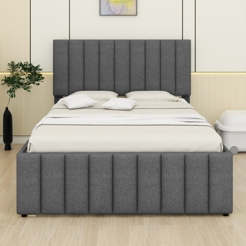 Lit plateforme tapissier avec lit gigogne et 3 tiroirs, Gris