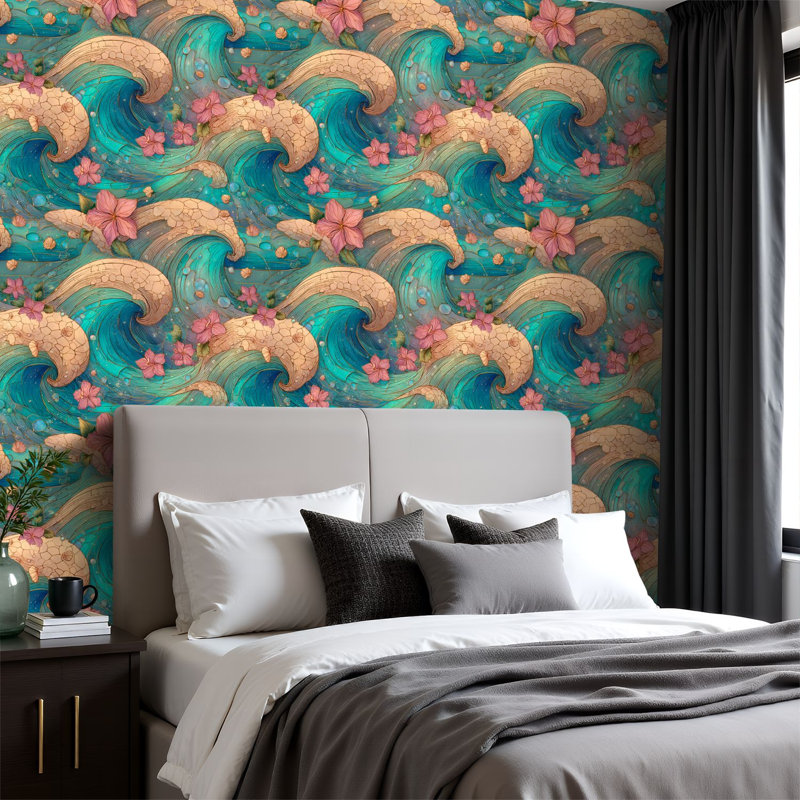 Papier peint adhésif peler et coller en PVC, revêtement mural auto-adhésif amovible avec planche de surf abstraite, impression de vagues géométriques, imperméable pour la décoration intérieure - rouleau