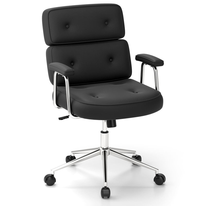 Office Chair PU Leather Upholstered Desk Chair Button Tufted Back, Black, Silver