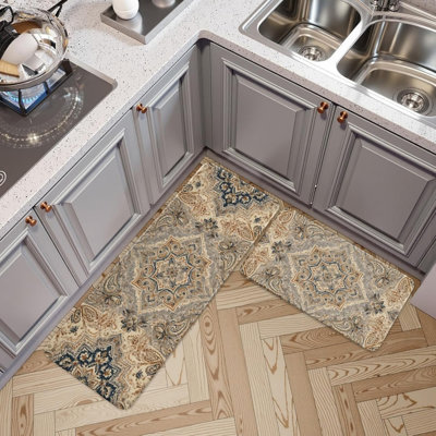 Tapis de cuisine en flanelle gris et bleu, ensemble de 2 tapis décoratifs rétro pour la cuisine et le salon