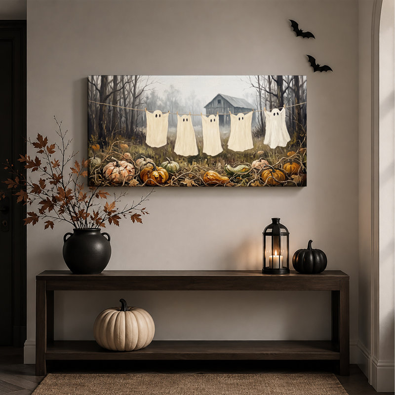 «White Ghost Sheets Drying on Line in Pumpkin», art mural sur toile, L 32 po x H 16 po
