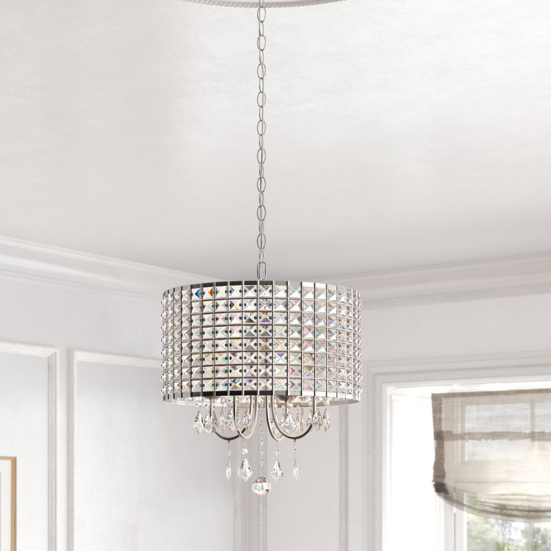Lustre cylindrique unique à 4 lumières avec accents de cristal Armenio, H 15 po x l 14 po x P 14 po, Chrome / transparent