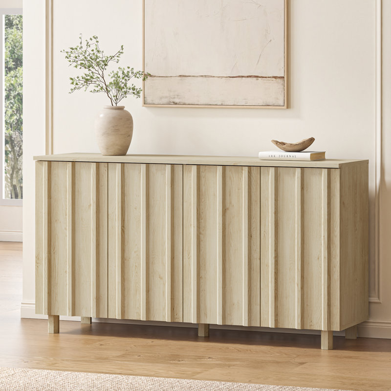 59" Fluted Sideboard With Storage, Large Buffet Cabinet With 4 Doors For Kitchen And Living Room, Natural