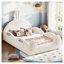 Lit plateforme rembourré double avec tête de lit en forme de lapin et poches de rangement latérales, beige