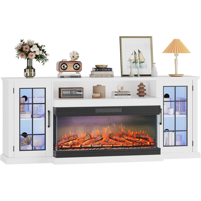 59/75" Fireplace TV Stand for 65/85" TVs, 3-Sided Glass Electric Fireplace with LED Lights & Storage, Distressed White