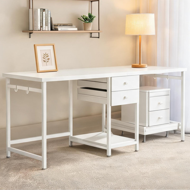 Bureau d'ordinateur deux places en acier avec tiroirs, 112 cm (L) x 65,5 cm (l) x 18,5 cm (H), fini brun